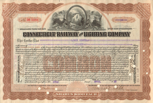 Connecticut Railway and Lighting Company stock certificate 1928