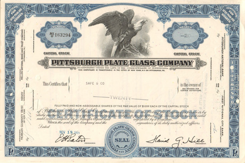 Pittsburgh Plate Glass Company stock certificate 1960's (Pennsylvania) - blue
