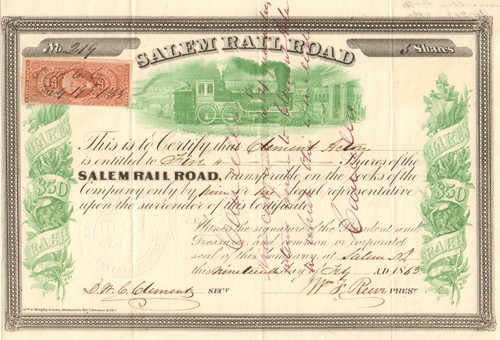 Salem Railroad stock certificate 1863 (New Jersey)