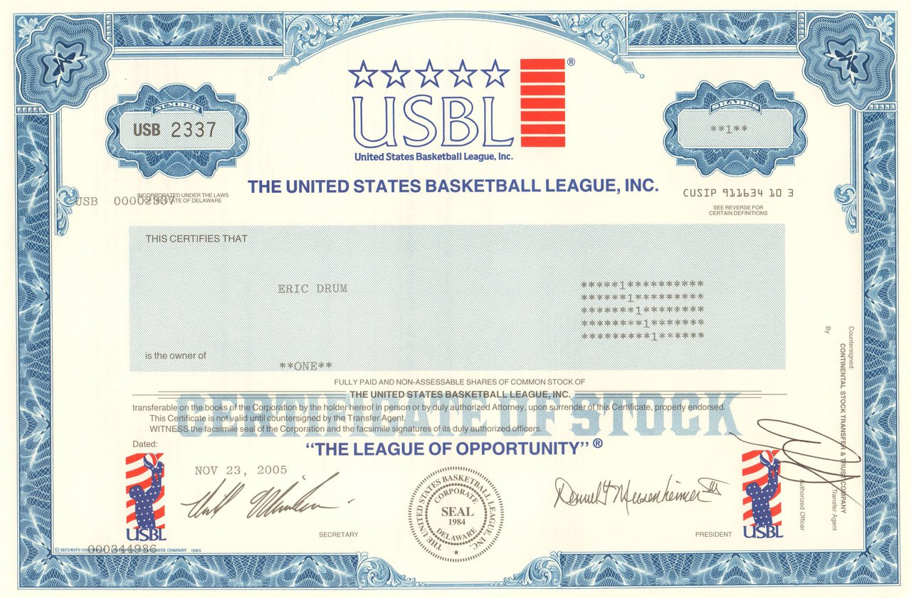 United States Basketball League Inc Stock Certificate 2005