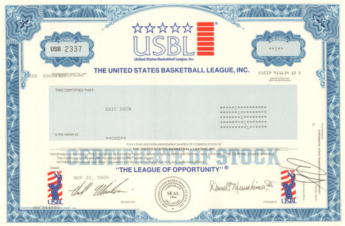 United States Basketball League Inc. stock certificate 2005 (summer league)