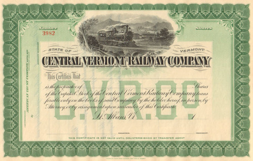 Central Vermont Railway Company stock certificate circa 1899 