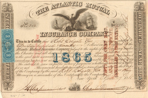 Atlantic Mutual Insurance Company stock certificate 1865 (New York) 