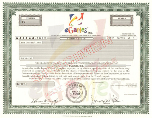 eGames Inc.  stock certificate specimen 1996 (internet games)