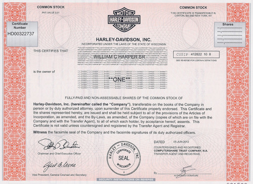 Harley-Davidson stock certificate