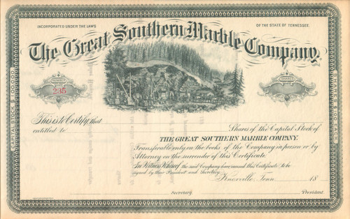 Great Southern Marble Company stock certificate circa 1884 (Tennessee)