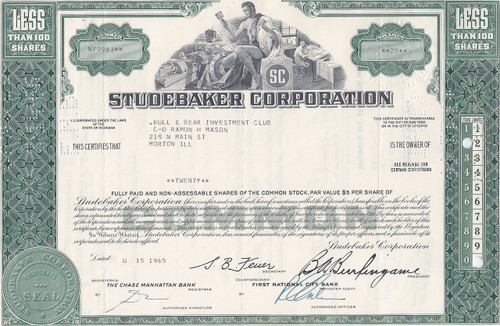 Studebaker Corporation stock certificate - green