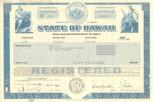 State of Hawaii bond certificate 1985
