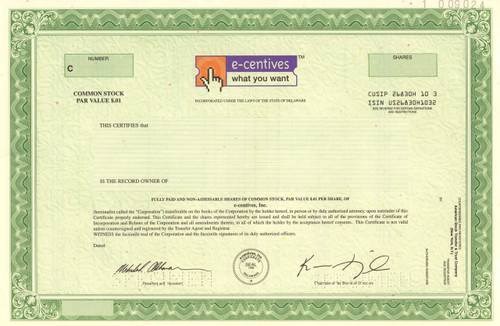 E-Centives Inc. stock certificate specimen circa 2000