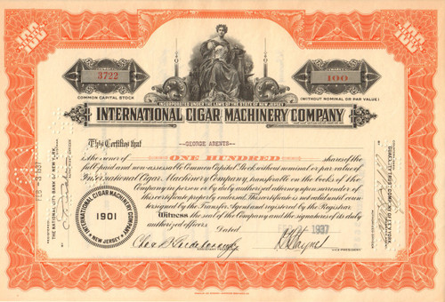 International Cigar Machinery Company stock certificate 1937 