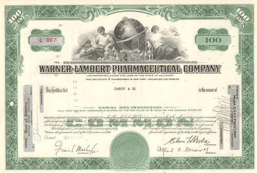 Warner-Lambert Pharmaceutical Company stock certificate 1960's (drug maker)
