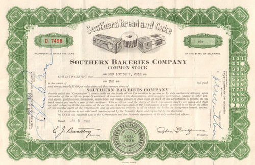 Southern Bakeries Company stock certificate 1961