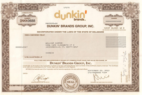 Dunkin Brands Group stock certificate 2013 (coffee and donuts)