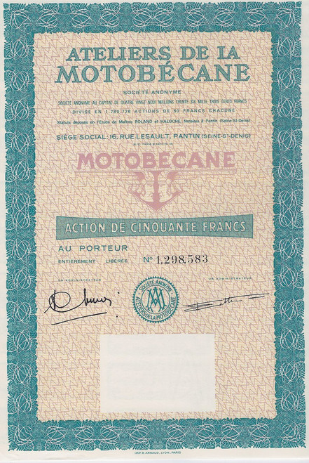 Motobecane bond certificate - France
