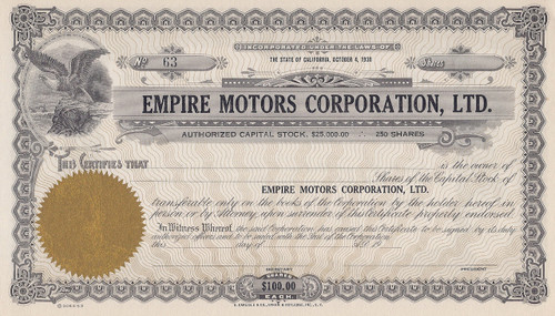 Empire Motors stock certificate 