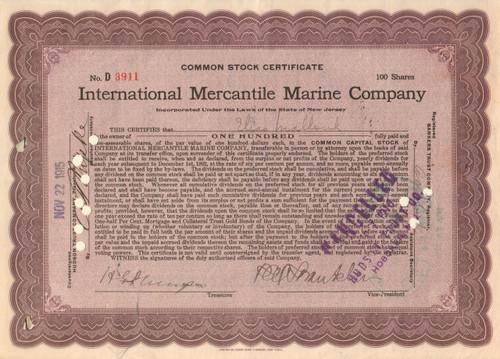 International Mercantile Marine Company stock certificate (owned the Titanic) - issued