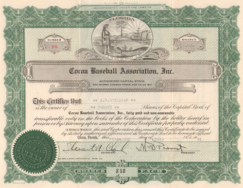 Cocoa Baseball Association Inc. stock certificate 1941 (Cocoa Fliers)