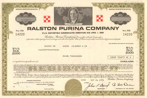 Ralston Purina Company bond certificate 1970's (cereal - pet food)