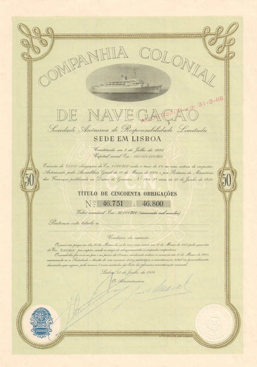 Companhia Colonial De Navegacao Bond Stock Certificate Portugal Steamboat 50 