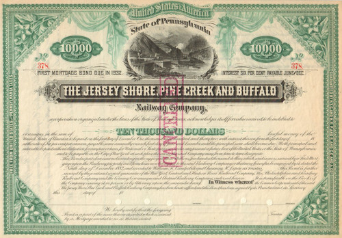 Jersey Shore, Pine Creek, and Buffalo Railway Company  stock certificate circa 1882. 