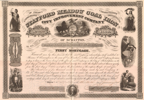 Stafford Meadow Coal Iron City Improvement Company bond 1858 (Scranton PA) 