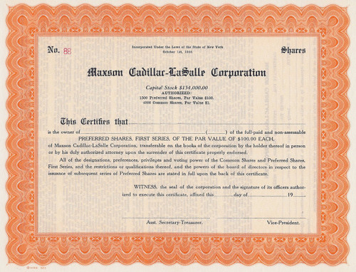 Maxson Cadillac-LaSalle stock certificate