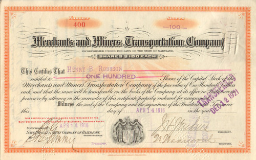 Merchants and Miners Transportation Company stock certificate 1916 (Maryland) 