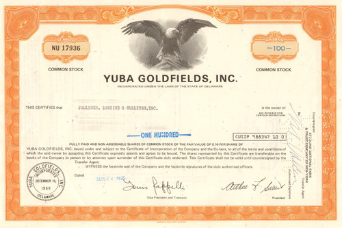 Yuba Goldfields, Inc. stock certificate 1975  