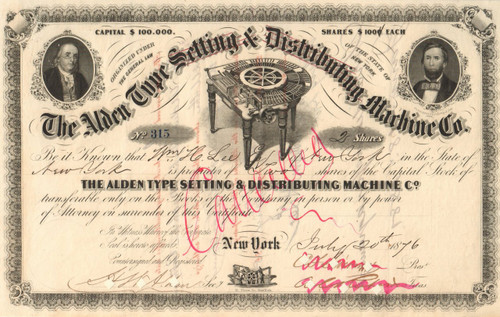 Alden Typesetting and Distribution Machine Co. stock certificate 1876 (New York)