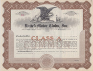 United Motor Clubs, Inc 1920 stock certificate