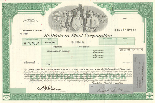 Bethlehem Steel Corporation stock certificate 2002 (famous bankruptcy) 