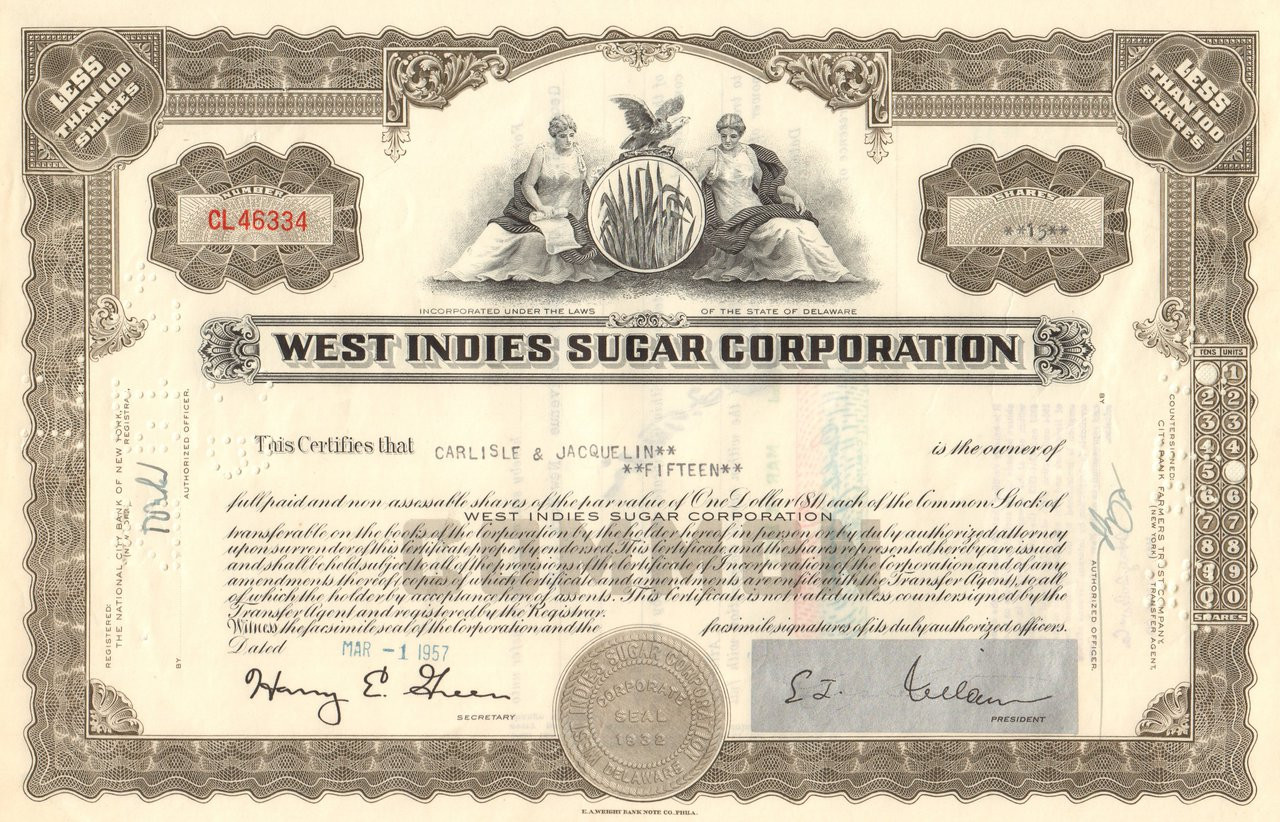 West Indies Sugar Corp 2 Color Set Stock Certificate 