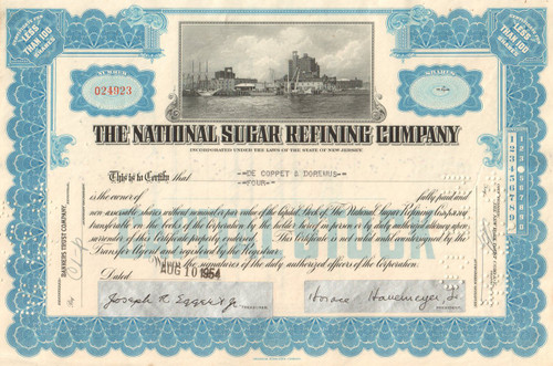 National Sugar Refining Company stock certificate 1950's (Jack Frost brand) - light blue