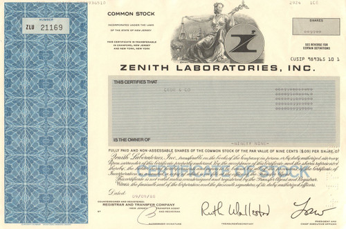 Zenith Laboratories Inc. stock certificate 1980's (pharma)