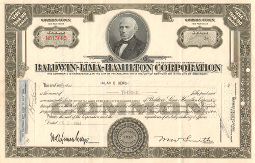 Baldwin-Lima-Hamilton Corporation stock certificate 1950's