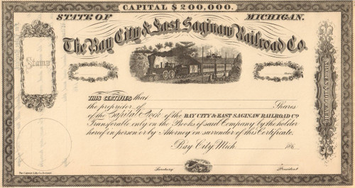 Bay City and East Saginaw Railroad Company stock certificate circa 1864 (Michigan)