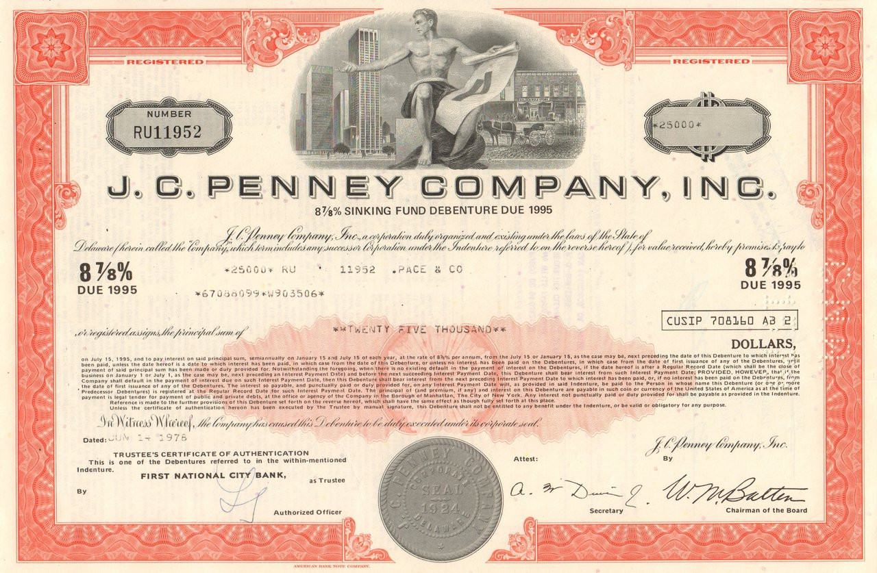 J C Penney Bond Certificate 1970 S Retail Chain
