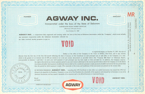 Agway Inc. bond certificate specimen circa 1964  (livestock feed)