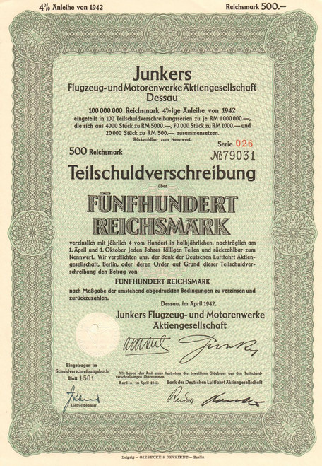 Junkers Flugzeug- und Motorenwerke AG bond certificate 1942  (Nazi aircraft)