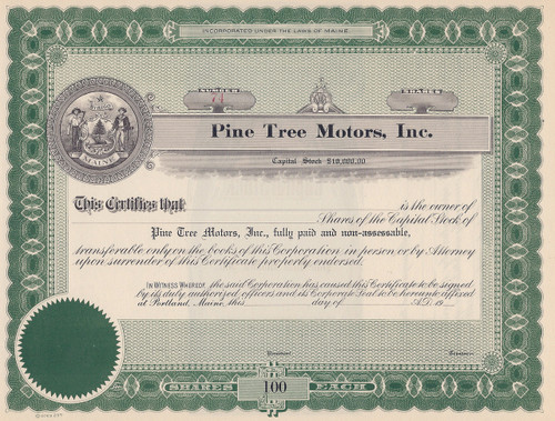 Pine Tree Motors stock certificate circa 1910