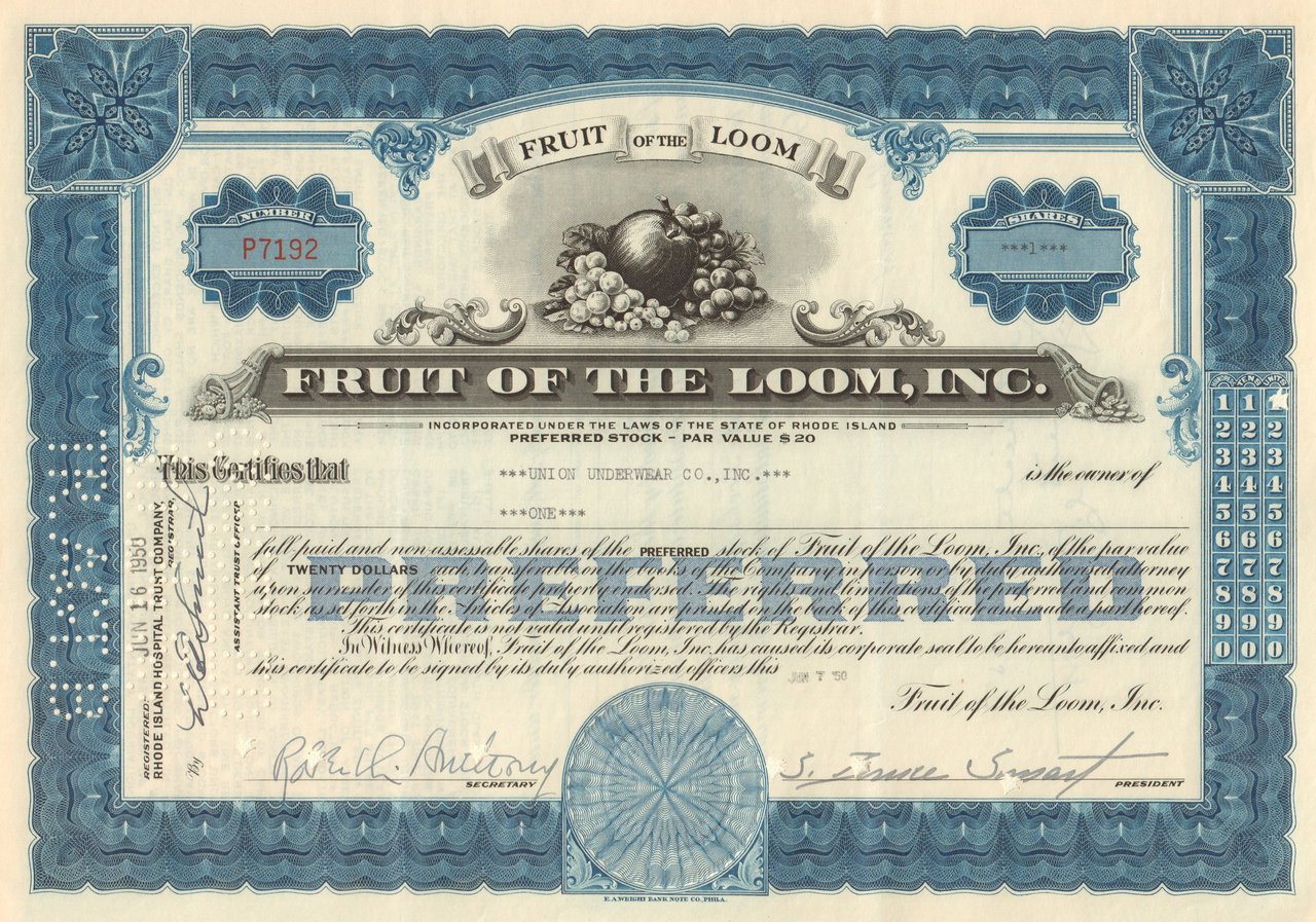 Fruit of the Loom stock certificate (underwear brand)
