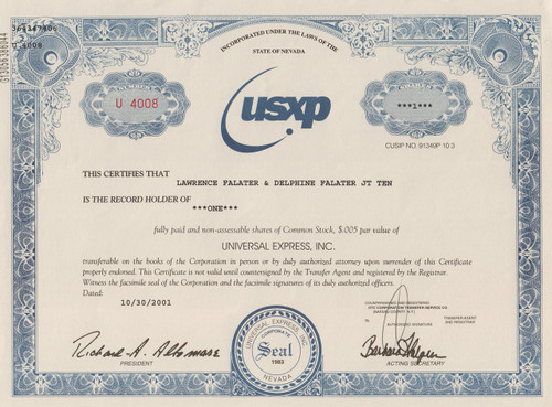 Universal Express Inc. stock certificate (financial scandal)