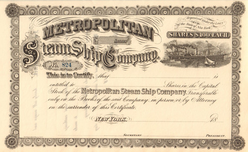 Metropolitan Steamship Company stock certificate circa 1866 (New York)