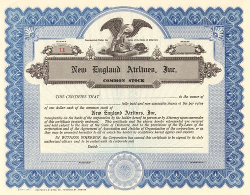 New England Airlines Inc. stock certificate circa 1970 (Block Island flights)