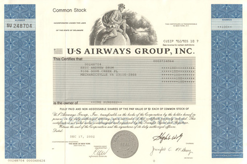 US Airways Group Inc. stock certificate 2003 (US Air) 
