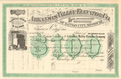 Arkansas Valley Elevator Co. stock certificate circa 1875 (Kansas City MO)  