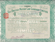 British Motor Cab Company stock certificate 1910