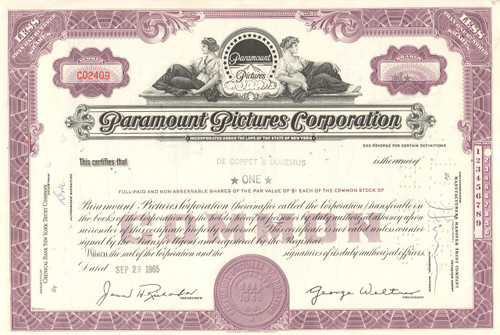 Paramount Pictures Corporation stock certificate (movie studio)  - lavender 