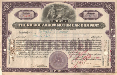 Pierce-Arrow Motor Car Company stock certificate 1925