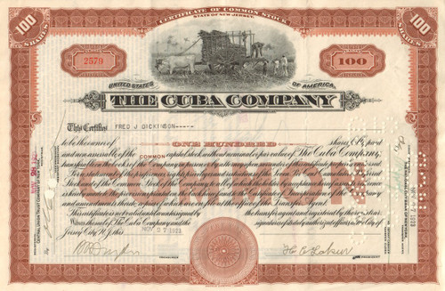 Cuba Company stock certificate 1923 (railroad and sugar)